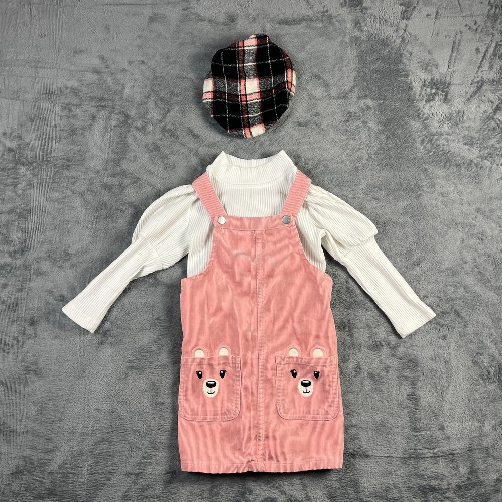 The Childrens Place Overall Dress 3 Piece Girls 4T Pink White Corduroy Plaid Hat